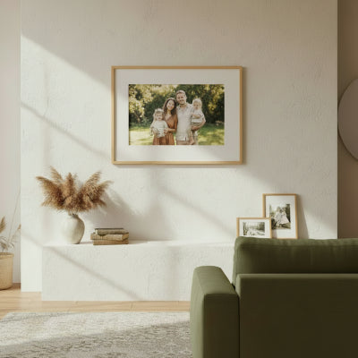 A personalised custom frame displaying a family portrait in a warm timber frame, mounted on a living room wall.