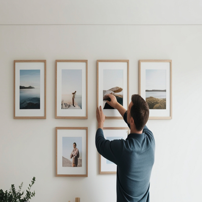 Man hanging framed photos in a gallery wall layout, aligning picture frames on a wall in a modern home interior